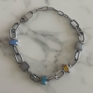 Silver-Tone Link Necklace with Blue, Light Blue, Gray and Yellow Gem Accents